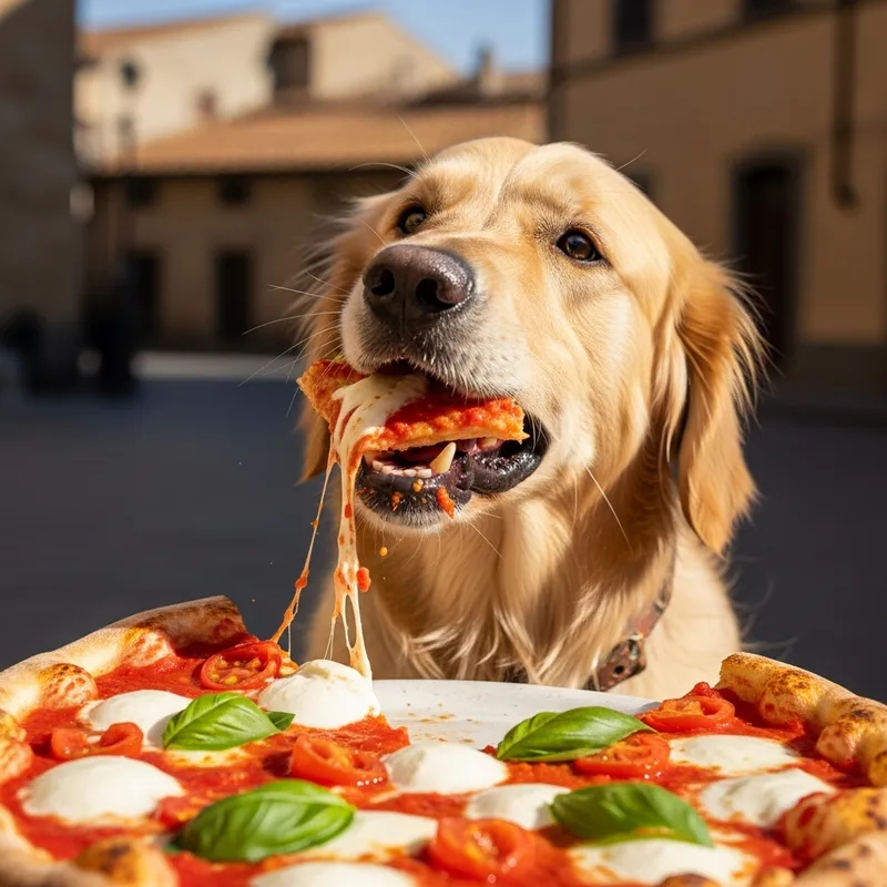 Dog Eating Authentic Italian Pizza with Tomatoes, Mozzarella, and Basil