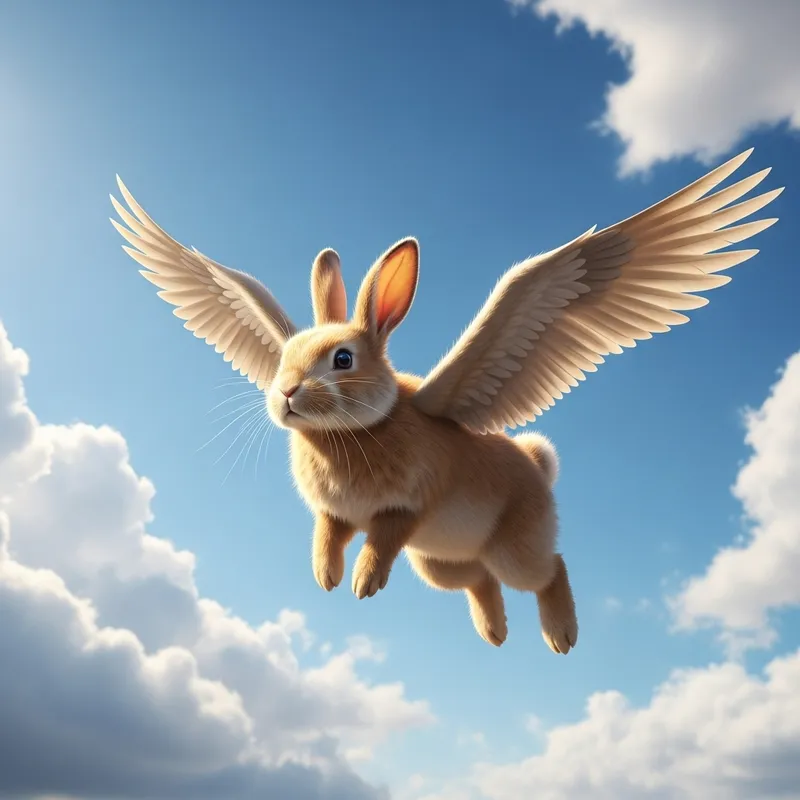 Magical Rabbit with Wings Flying in Clear Sky