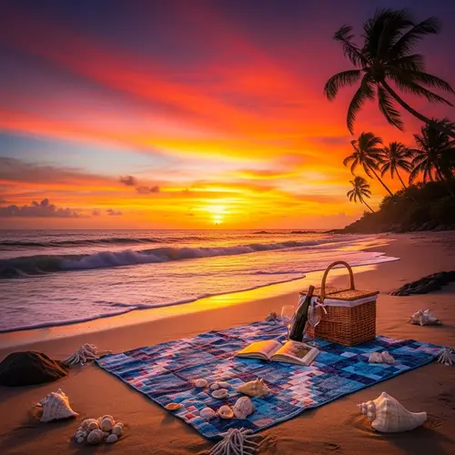 Romantic Sunset Beach Oil Painting Background