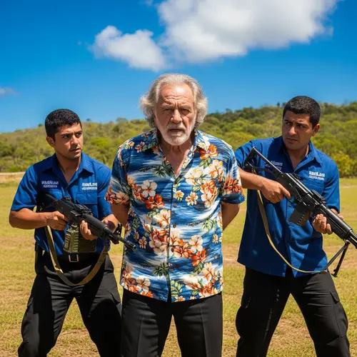 Dramatic Scene: Senior Man in Hawaiian Shirt Captured by Armed Duo
