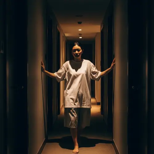 Asian Woman in Comfortable Attire Walking in Low-Light Hallway
