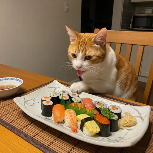 Ginger Cat Enjoying Sushi: Serenity at the Dinner Table