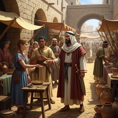Ancient Times Exchange Scene: Middle-Eastern Man & Caucasian Woman