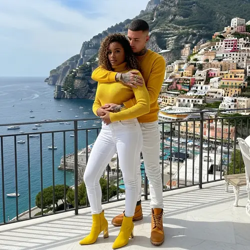 Elegant African-American Woman Embraced by Italian Man in Amalfi Coast Penthouse