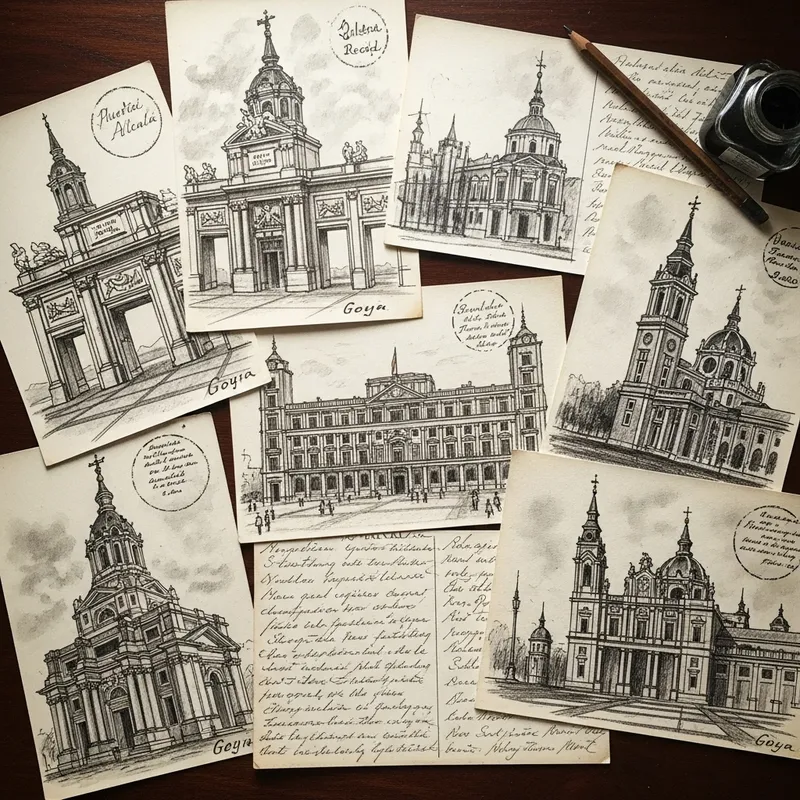 Handwritten Postcards on Antique Paper: Madrid Sketches by Goya