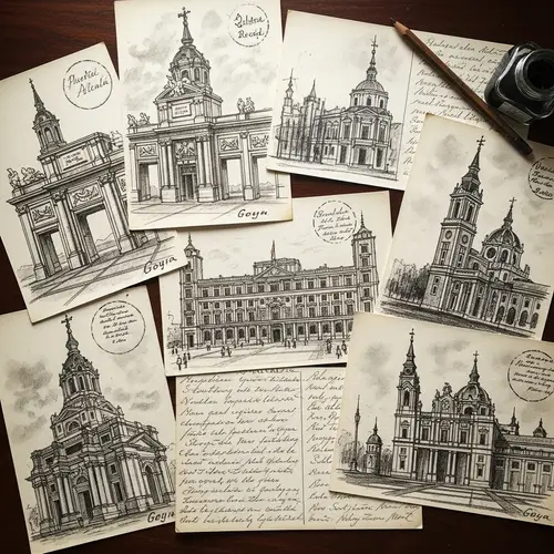 Handwritten Postcards on Vintage Paper with Madrid Landmarks Sketches