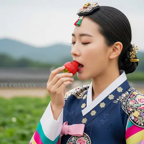 Korean Woman in Hanbok Enjoying Ripe Strawberry