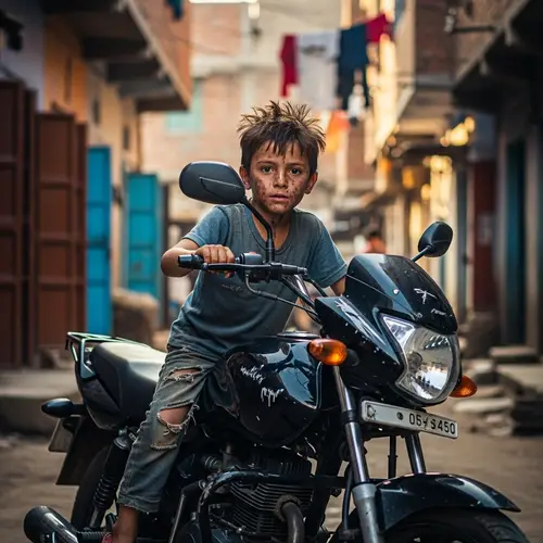 Street Child with Black Motorcycle