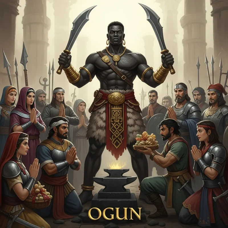 OGUN: African Deity of Iron & Warfare Surrounded by Diverse Warriors