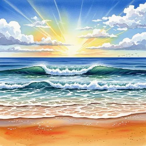Ocean Watercolor Painting: Waves, Seagulls, Sun Rays