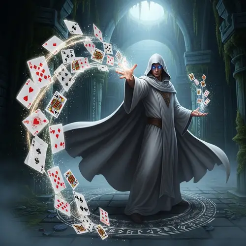 Mystical Wizard Casting Magical Poker Cards - Enchanting Image
