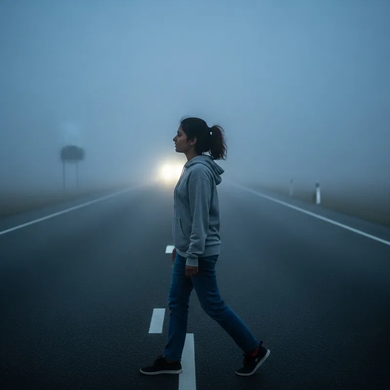 South Asian Girl Strolling in Fog on Night Highway South Asian Girl Strolling in Fog on Night Highway