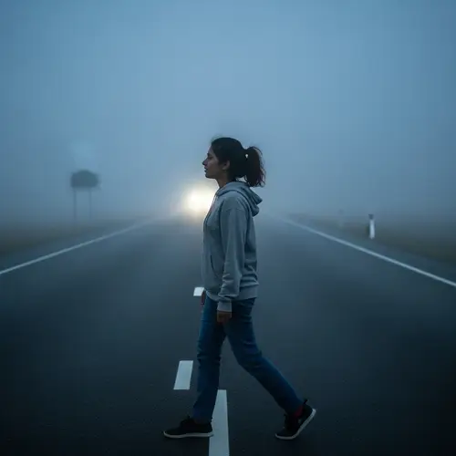 South Asian Girl Strolling on Foggy Highway at Night