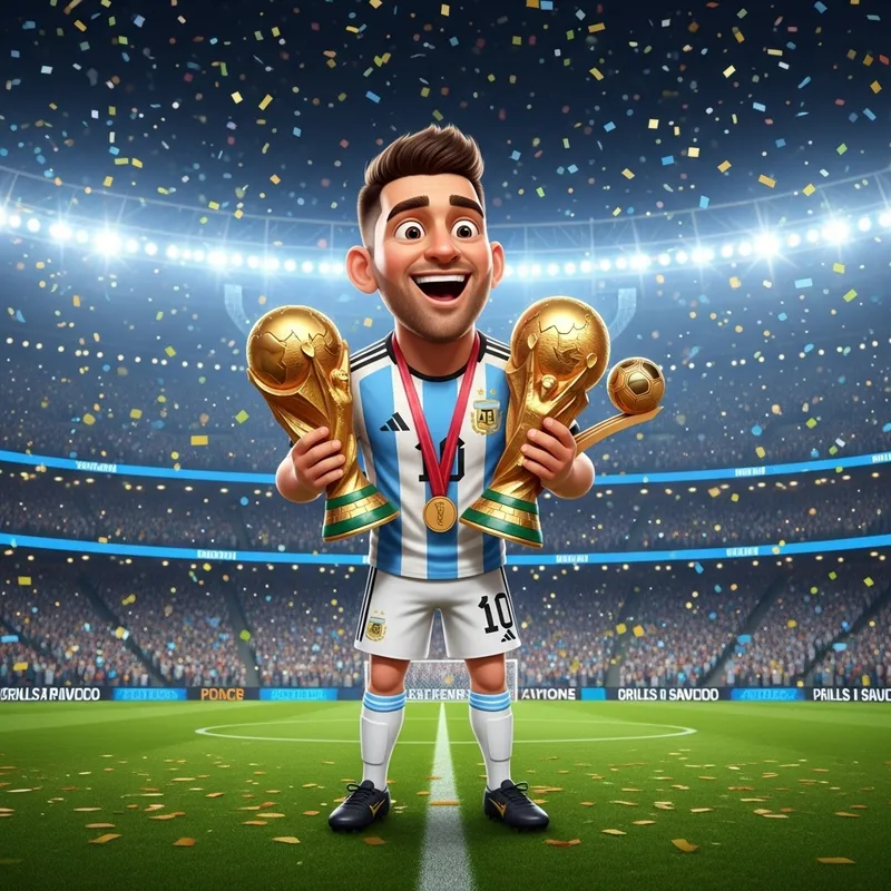 Lionel Messi with 2 World Cup Trophies