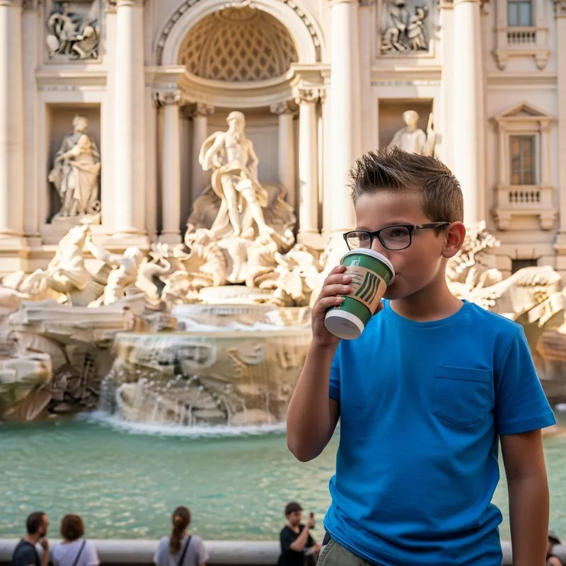 Caucasian Boy Enjoying Coffee at Trevi Fountain