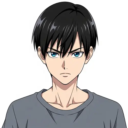 Anime Style Teenage Boy with Striking Blue Eyes and Black Hair