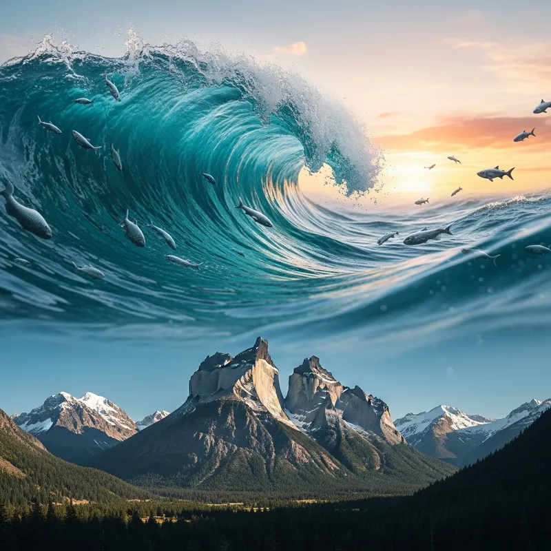 Harmonious Blend of Nature: Mountain and Ocean in Abstract Reality