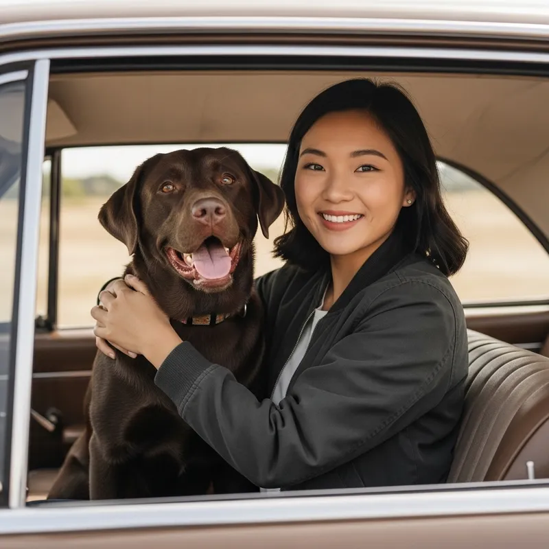 Family-Friendly Animated Poster of Girl with Labrador in Vintage Car