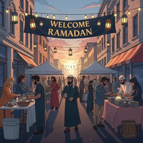 Welcome Ramadan Street Scene | Diverse Decorations & Food Stalls