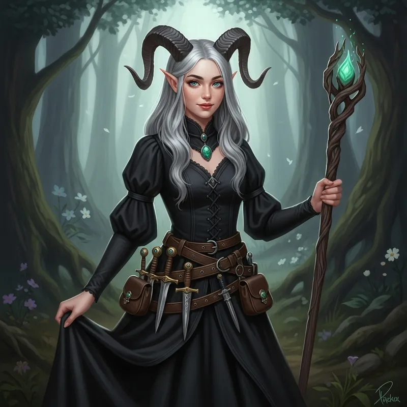 Enchanting Tiefling Sorceress in Gothic Garb | Mystical Forest Fantasy Art
