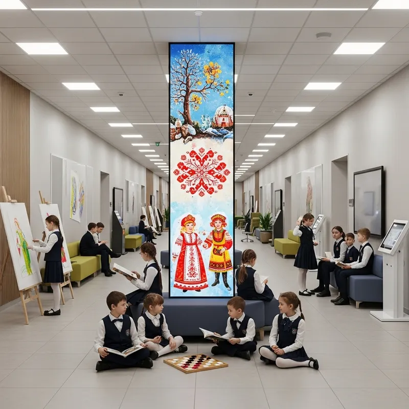 Explore a Modern School Hallway with Cultural Flair