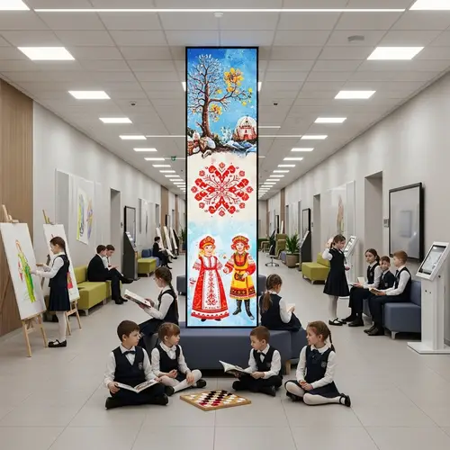 Explore a Modern School Hallway with Cultural Flair