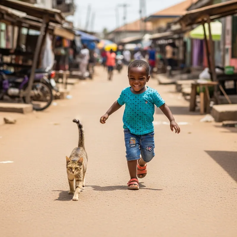 Joyful Kid Chasing Cat in Nigerian Streets Joyful Kid Chasing Cat in Nigerian Streets