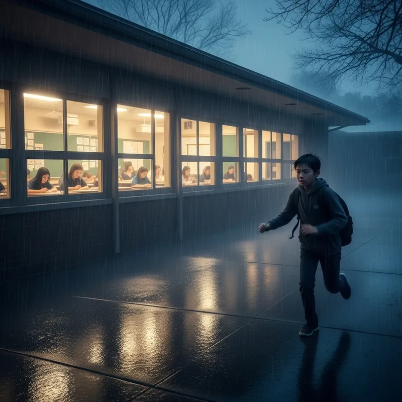 Eerie Rainy Classroom Scene With Mysterious Boy Eerie Rainy Classroom Scene With Mysterious Boy