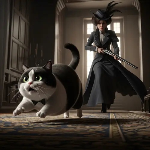 Playful Cat Running Away from Elegantly Dressed Woman