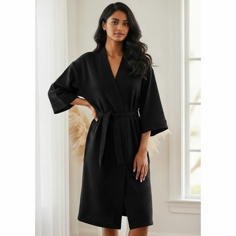 Black Kimono Robe in Waffle Weave Fabric | 3/4 Sleeves | Midi Length