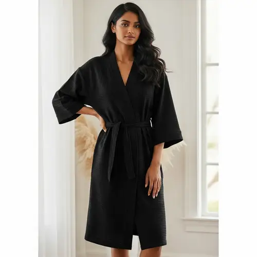 Black Kimono Robe in Embossed Waffle Fabric | 3/4 Sleeves | Midi Length