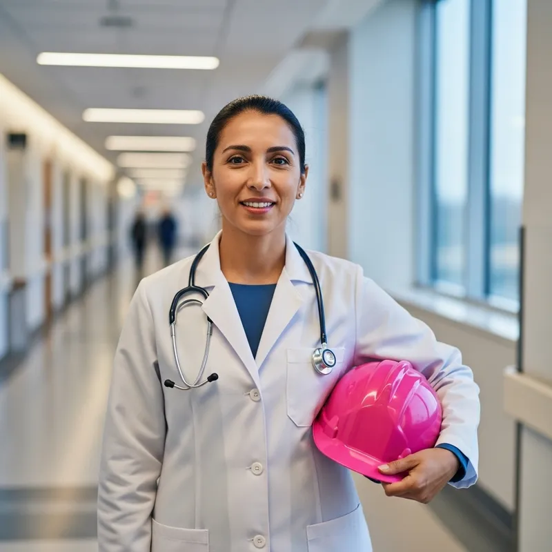 Hispanic Female Doctor in Modern Hospital with Pink Construction Helmet