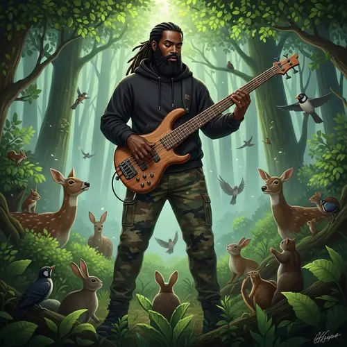 Mystical Forest Musician with Bass Guitar | Enchanting Scene