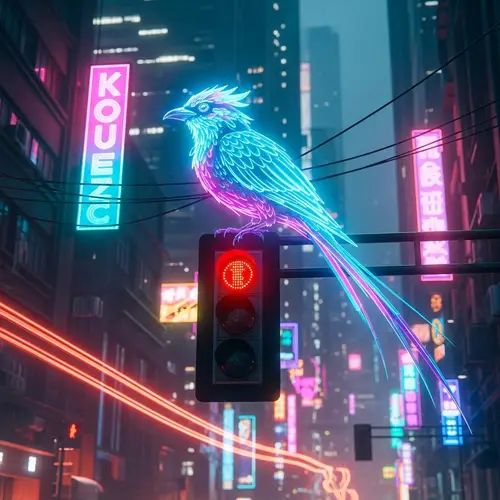Neon Cyberpunk Bird Creature in Futuristic Cityscape