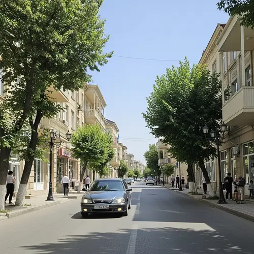 Peaceful Day in Aghsu, Azerbaijan: Local Car Amid Stunning Architecture