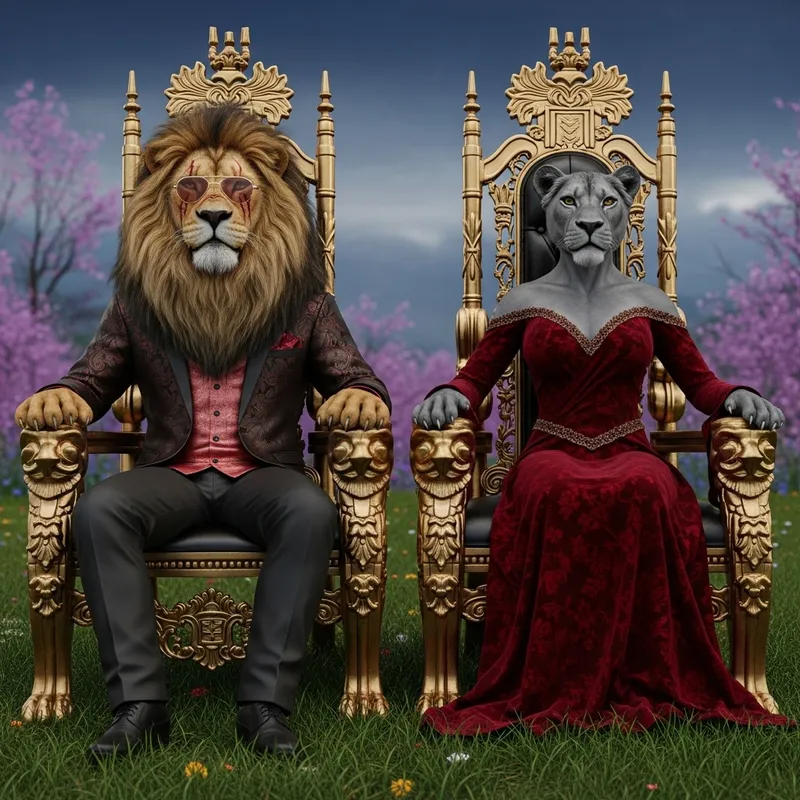 Majestic Power Couple: Alpha Lion King & Queen Lioness in Regal Splendor