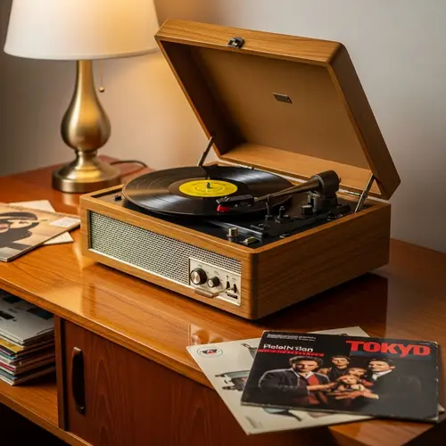 Vintage 1960s Record Player on Mahogany Table | Nostalgic Retro Vibes