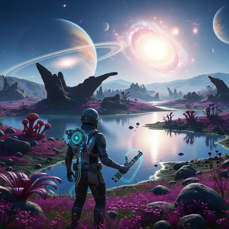 Discovering No Man's Sky: Exploring Alien Planet with Futuristic Character Discovering No Man's Sky: Exploring Alien Planet with Futuristic Character