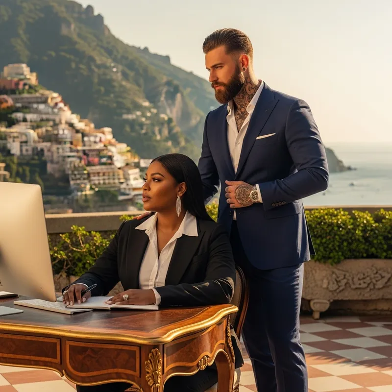 Confident Plus-Size African American Woman & White Russian Man at Luxurious Italian Villa