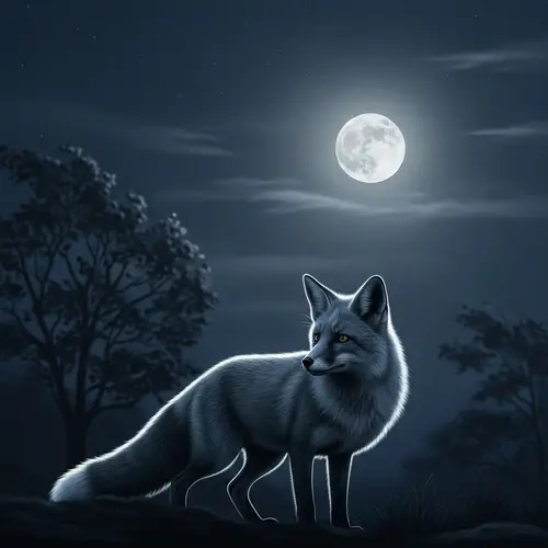 Serene Full Moon Scene with Fox in Silver Glow