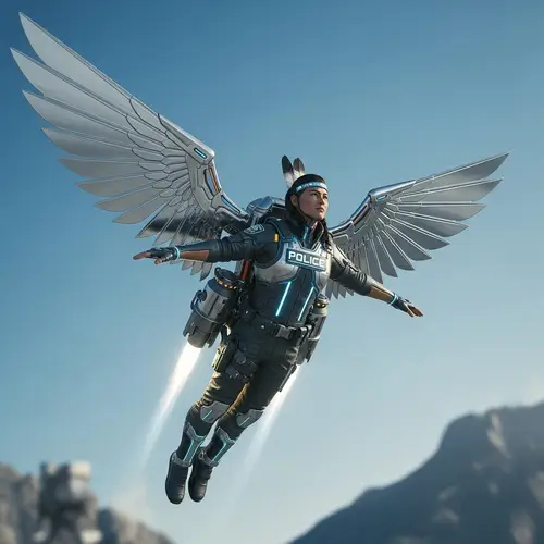 Cyberpunk Native American Officer with Jetpack