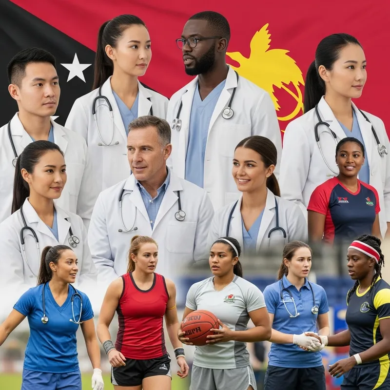 Diverse Physiotherapists Working with Athletes, Papua New Guinea Theme