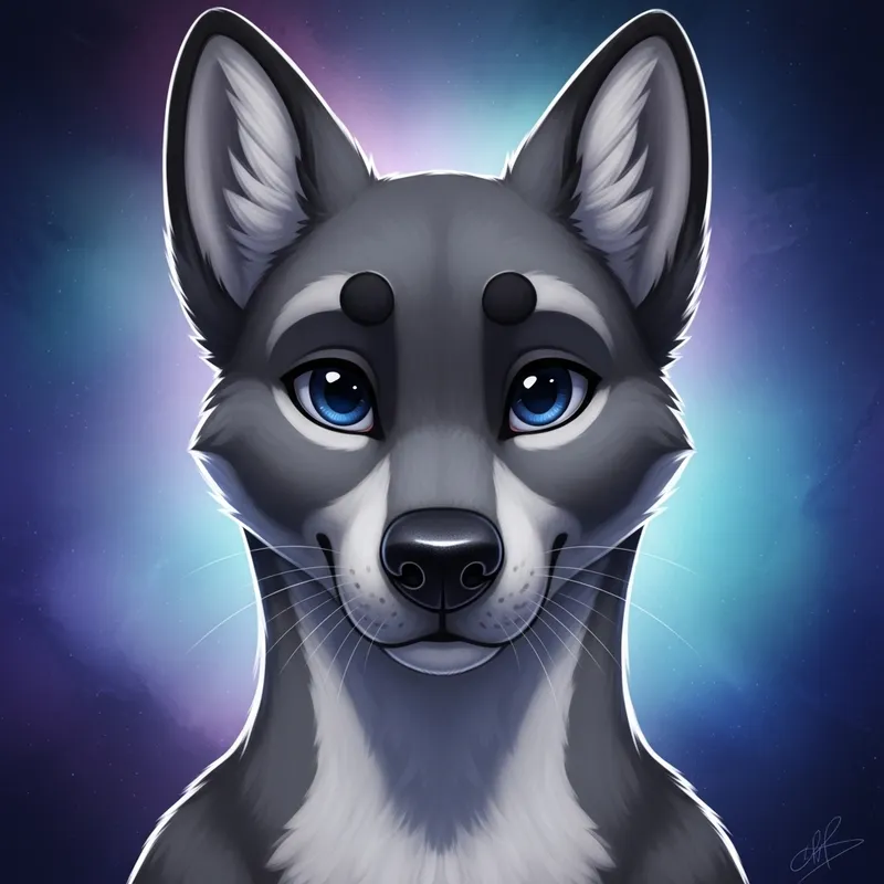 Stunning Grey Canine Furry Art with Deep Blue Eyes