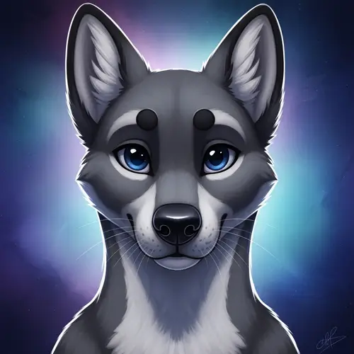 Beautiful Grey Canine Furry Art with Vivid Blue Eyes