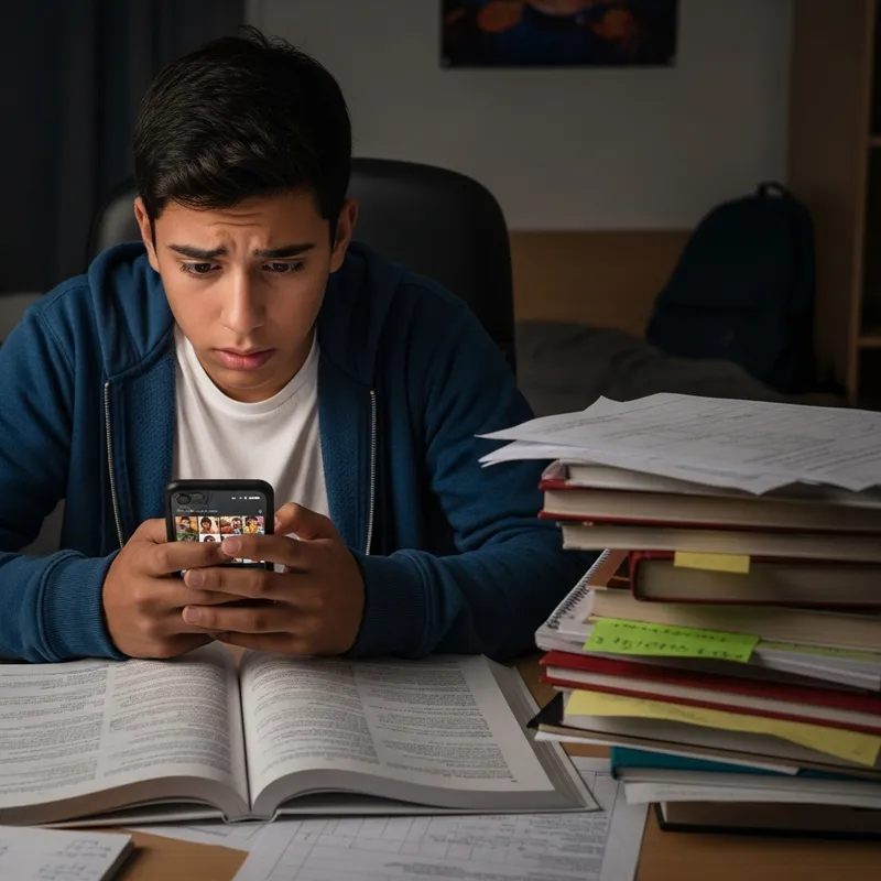 Young Hispanic Teenager Multitasking Social Media and Academic Stress
