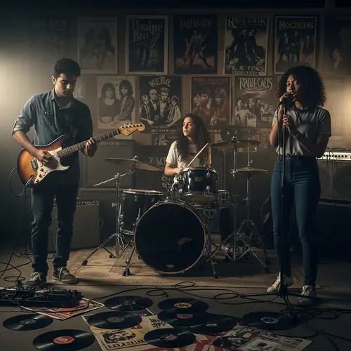 Diverse Rock Scene: Garage Band with South Asian, Middle-Eastern, and Black Musicians