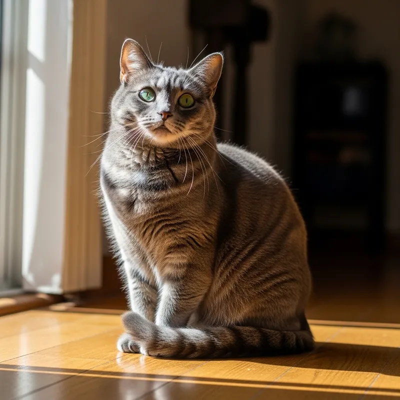 Fluffy Grey Cat sitting on Wooden Floor - Beautiful Domestic Feline
