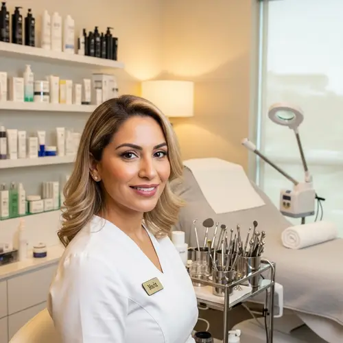 Blonde Hair Hispanic Beautician with Skincare Products