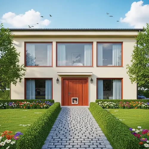 Tranquil Suburban Home with Lush Green Lawn and Blooming Flowers