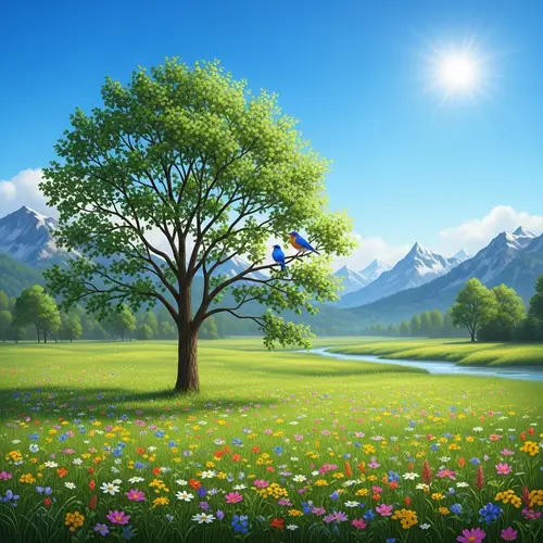 Tranquil Meadow Landscape with Majestic Mountains | Nature Scene